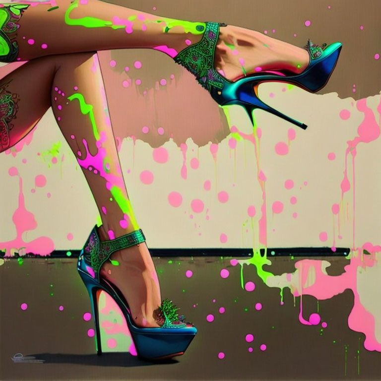 Vibrant neon paint drips on legs in high heels