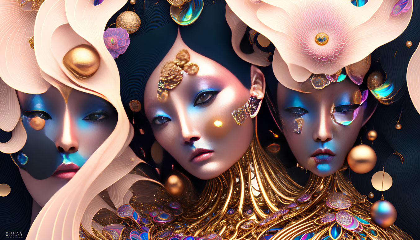 Stylized faces with golden jewelry and intricate patterns on dark background