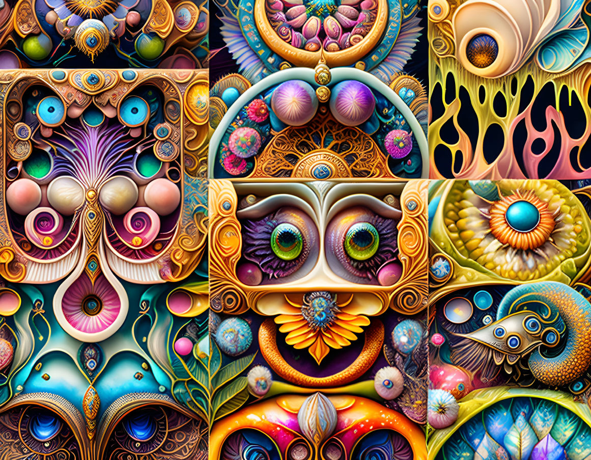 Vibrant digital art collage with intricate eye-like patterns and surreal aesthetic