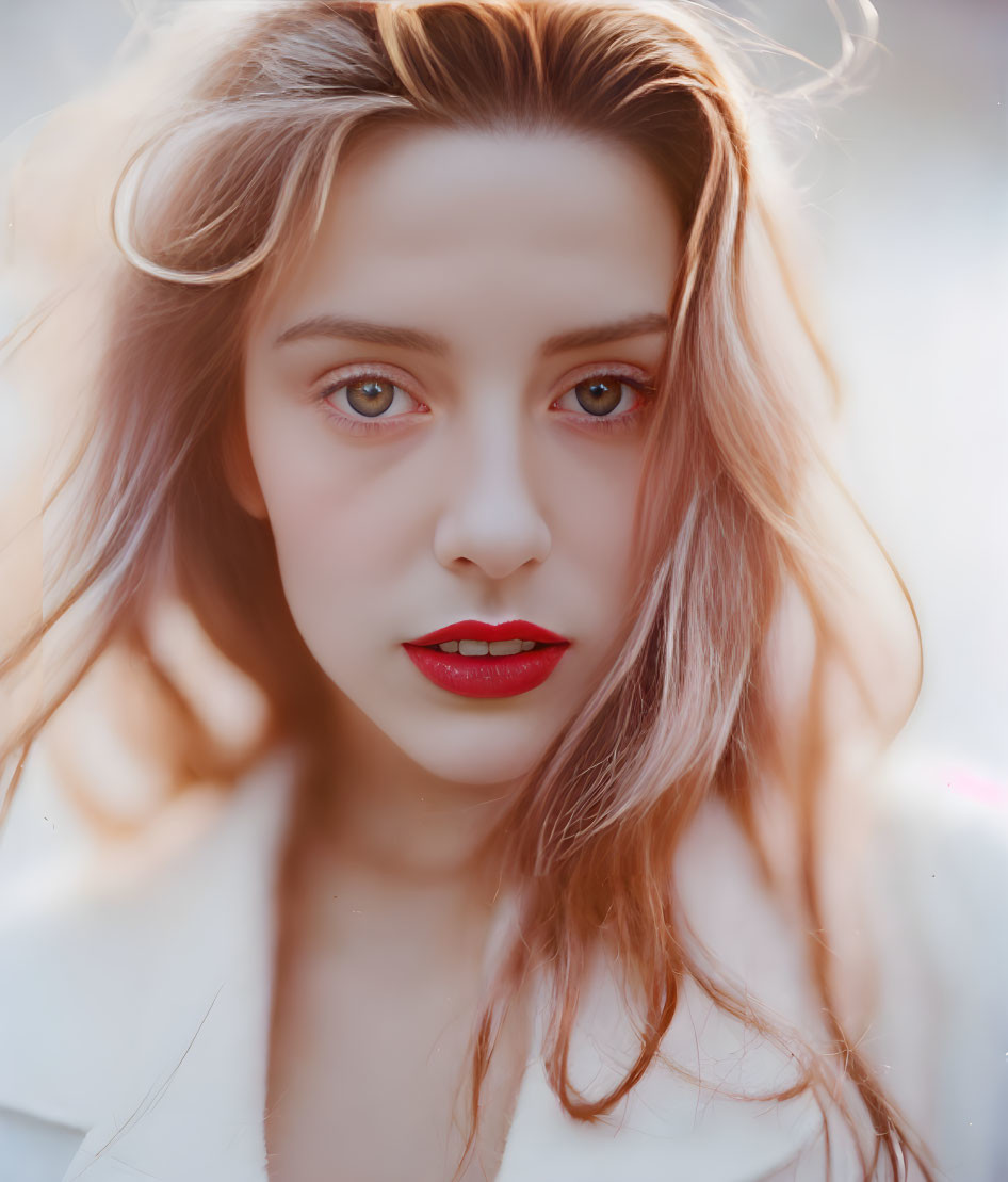 Portrait of woman with red lips and long hair on soft background