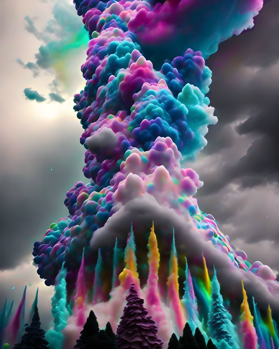 Vibrant multicolored cloud formation over dark forest