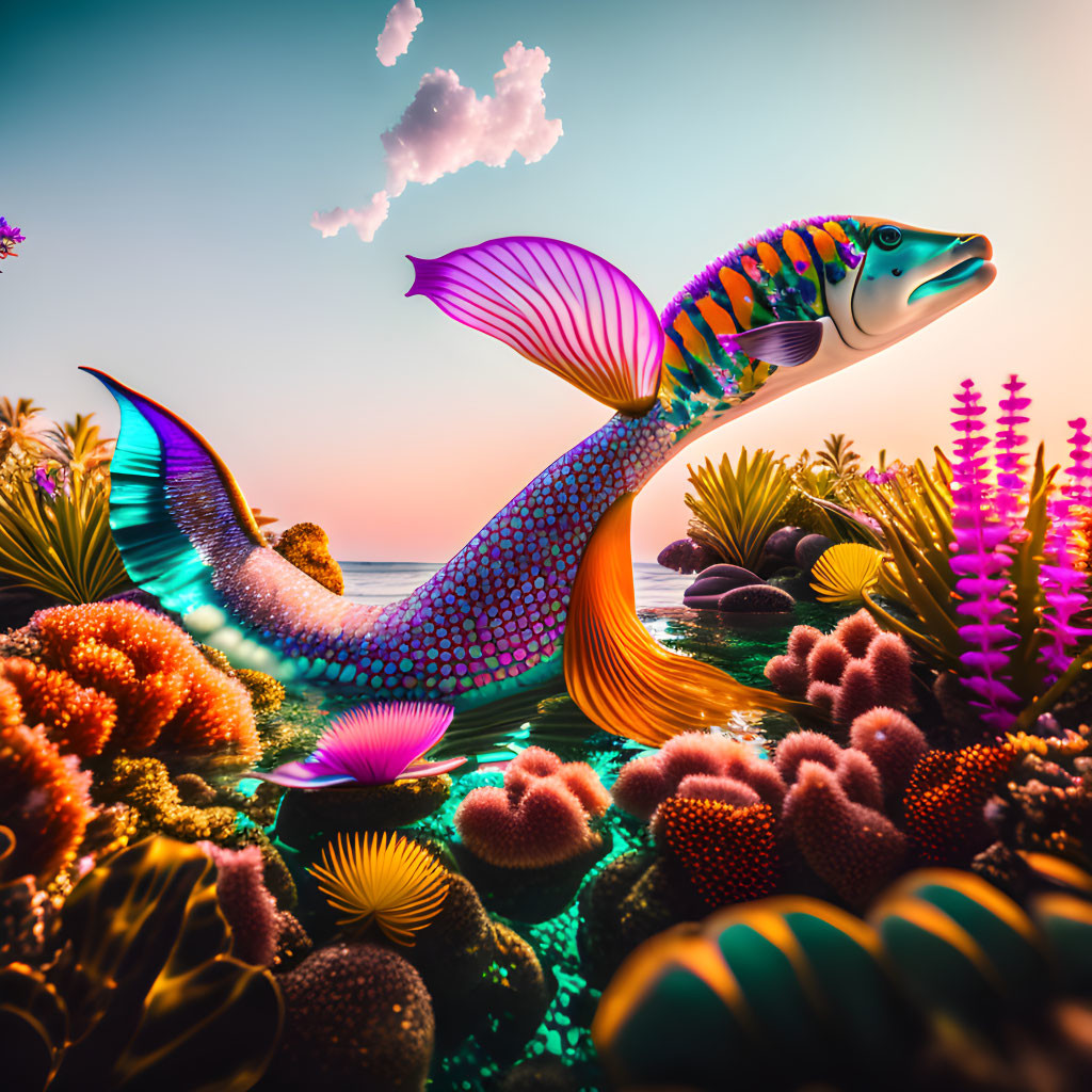 Colorful Oversized Fish Leaping in Underwater Scene