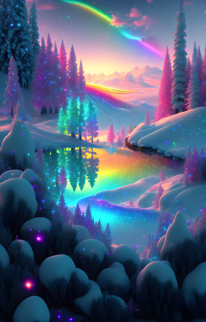 Surreal neon-lit rainbow sky over winter wonderland