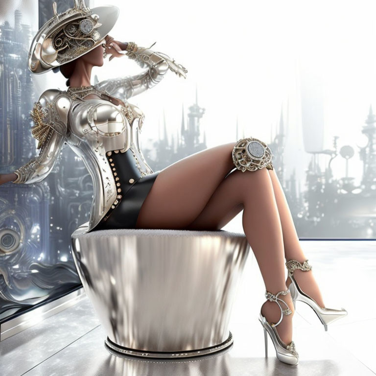 Futuristic steampunk-inspired female figure in metallic outfit against city backdrop
