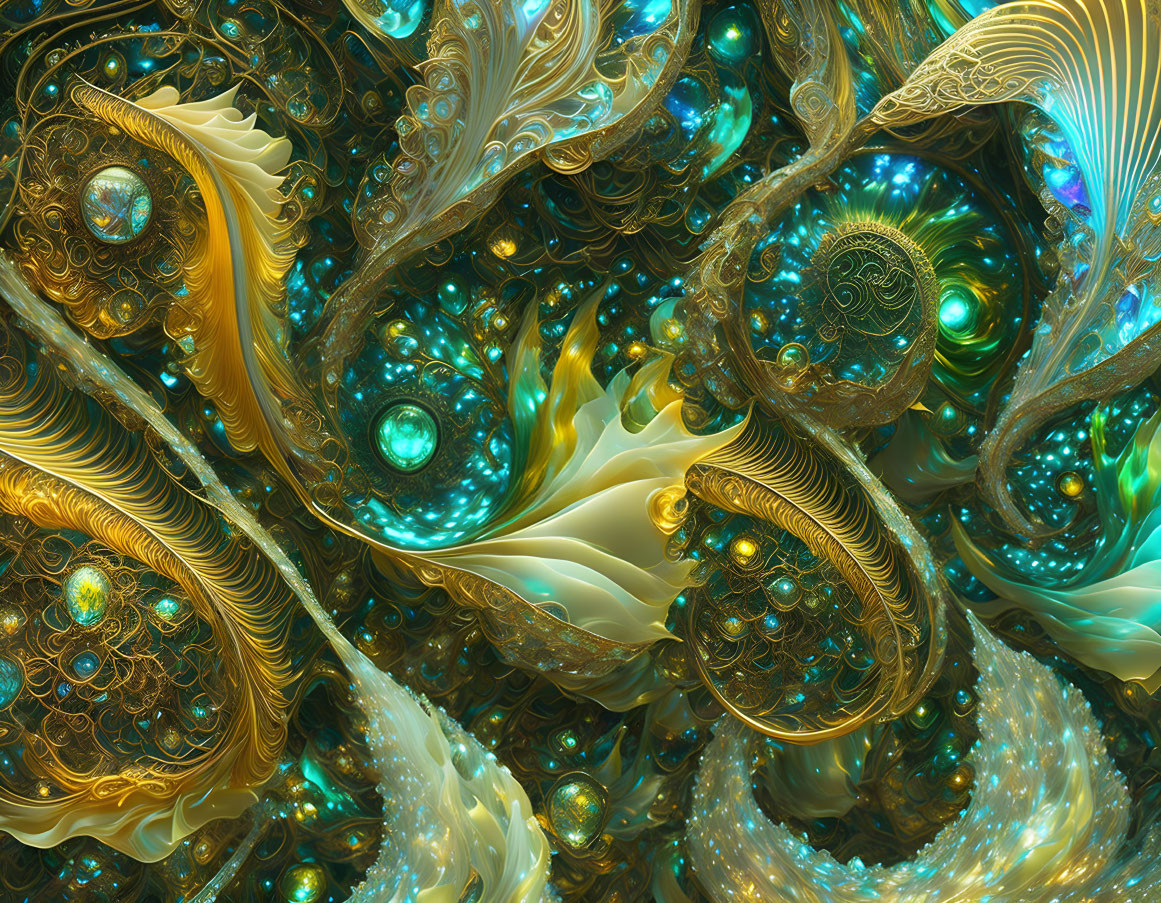 Intricate teal, gold, and white fractal designs in digital artwork