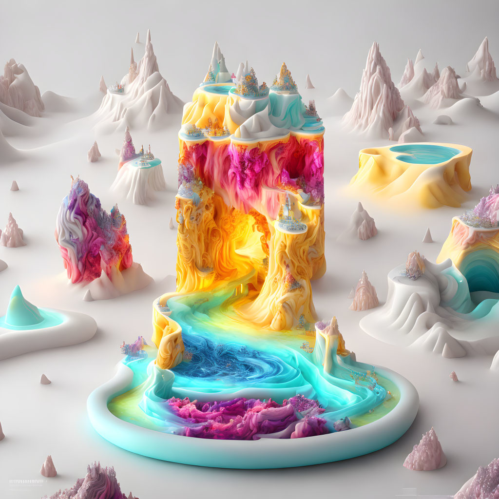 Colorful surreal landscape with melting towers and pastel mountains.