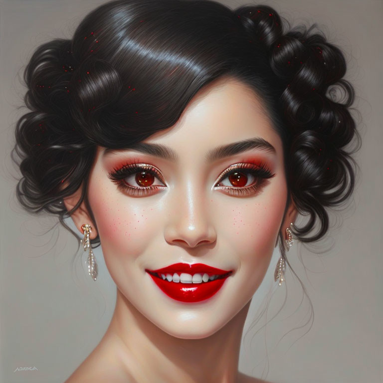 Smiling woman with dark hair, red lipstick, freckles & long earrings