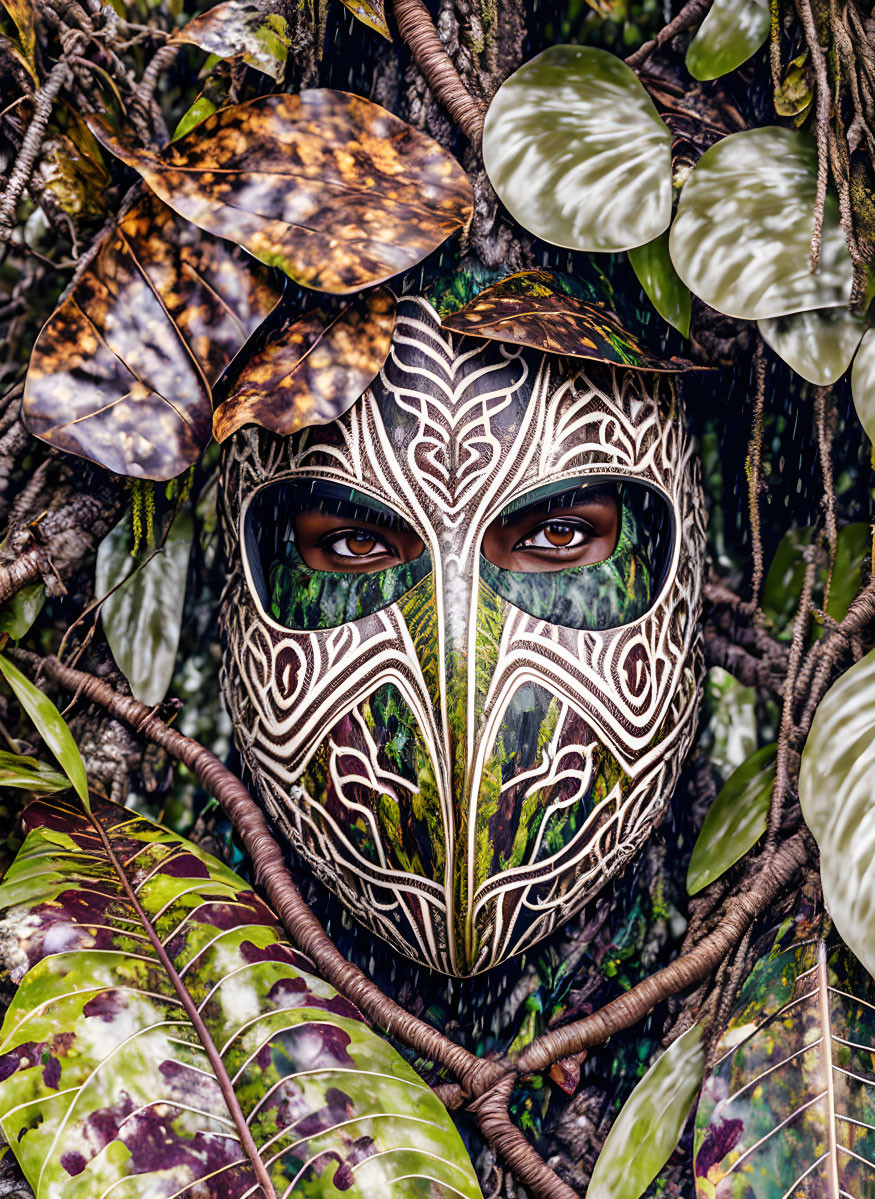 Intricate tribal mask blending with lush green foliage