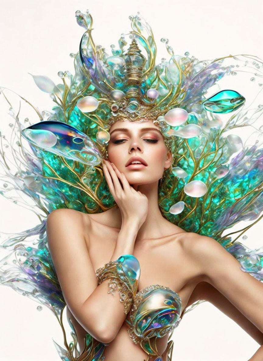 Woman wearing peacock feather headdress with pearls and bubbles on light background