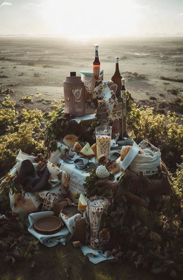 Dusk picnic setup with snacks, drinks, lantern in lush field