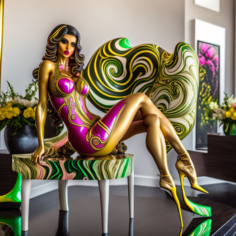 Digital artwork: Woman in magenta bodysuit on green chair