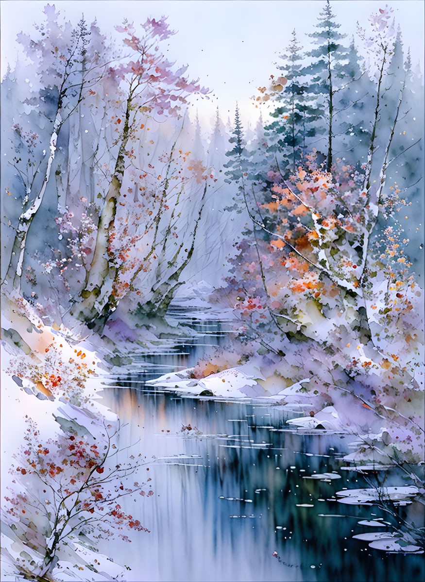 Tranquil forest stream watercolor painting in autumnal hues