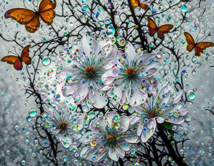 White flowers with dewdrops, orange butterflies, and glittery bokeh on dark branches