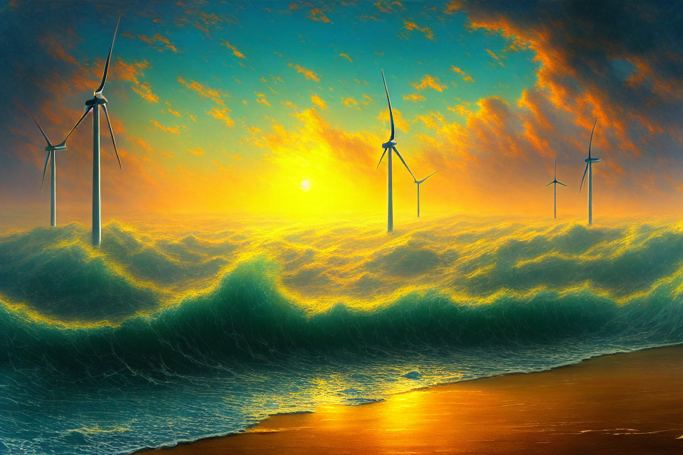 Vibrant orange sunset at offshore wind farm with large waves