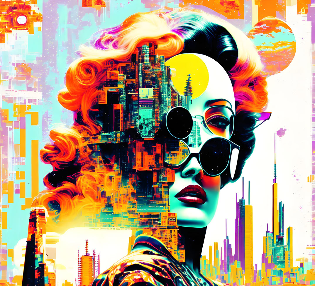 Colorful digital artwork: Woman profile with retro sunglasses and futuristic cityscapes