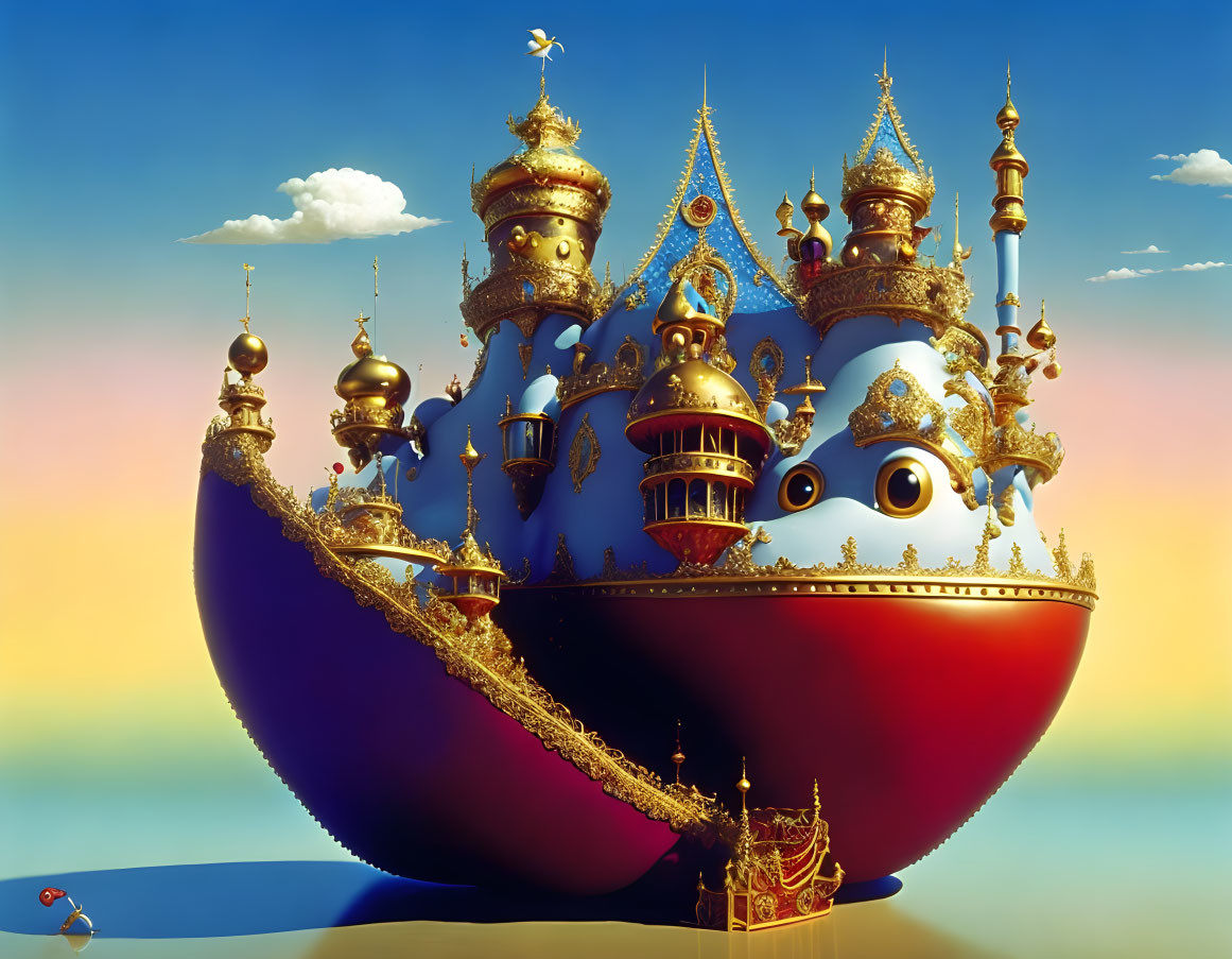 Animated vessel with golden domes and ornate architecture in sunset sky