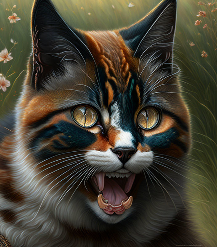 Detailed Digital Painting of Cat with Oversized Eyes and Tiger-like Stripes