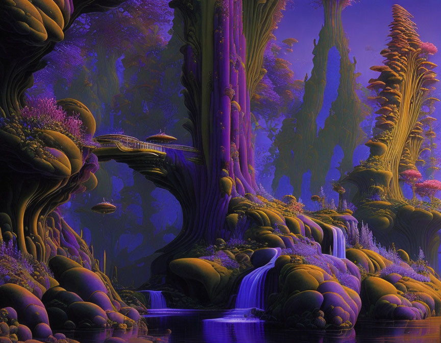 Alien landscape with purple and golden flora, waterfalls, and glowing blue river