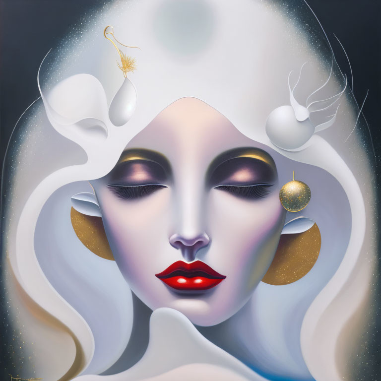 Stylized woman portrait with swan motif and gold accents