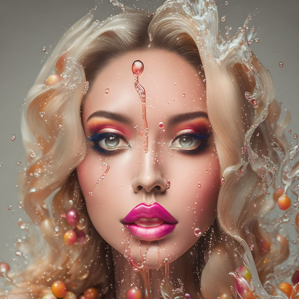 Vibrant makeup woman's face digital art with water splashes and beads