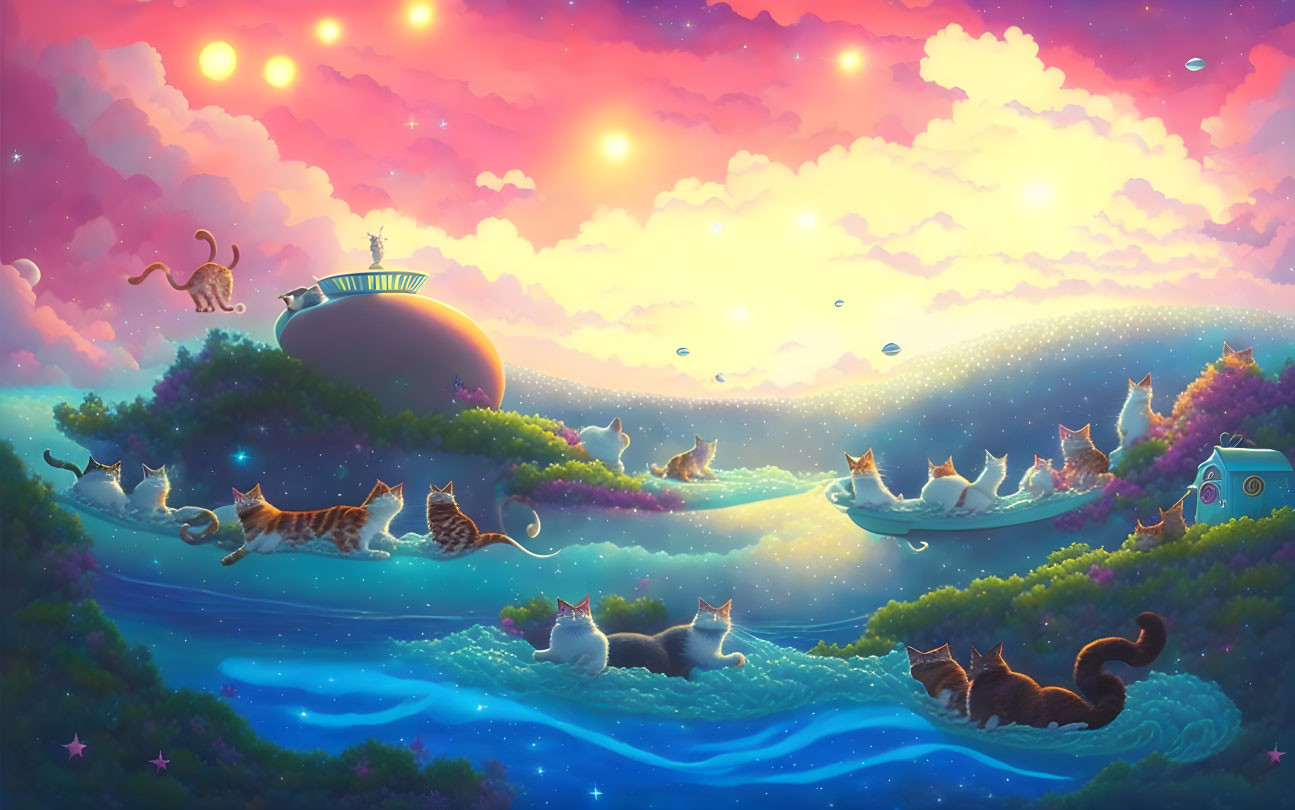 Whimsical cat illustration on floating leaves in dreamy river