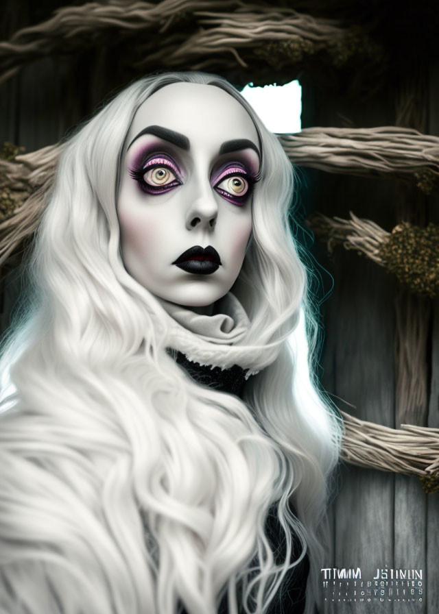 Gothic makeup and white hair portrait in natural setting