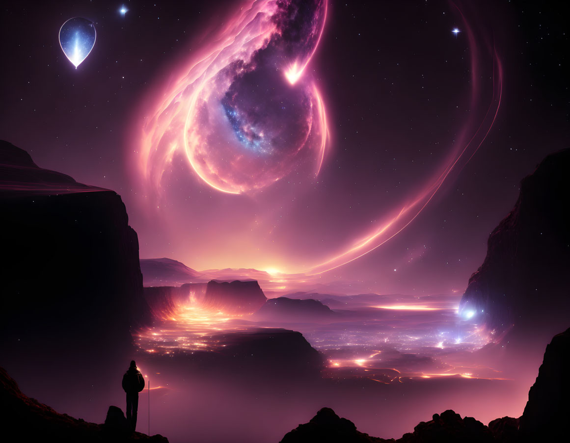 Person gazes at surreal cosmic landscape with swirling galaxy and planets above liquid surface