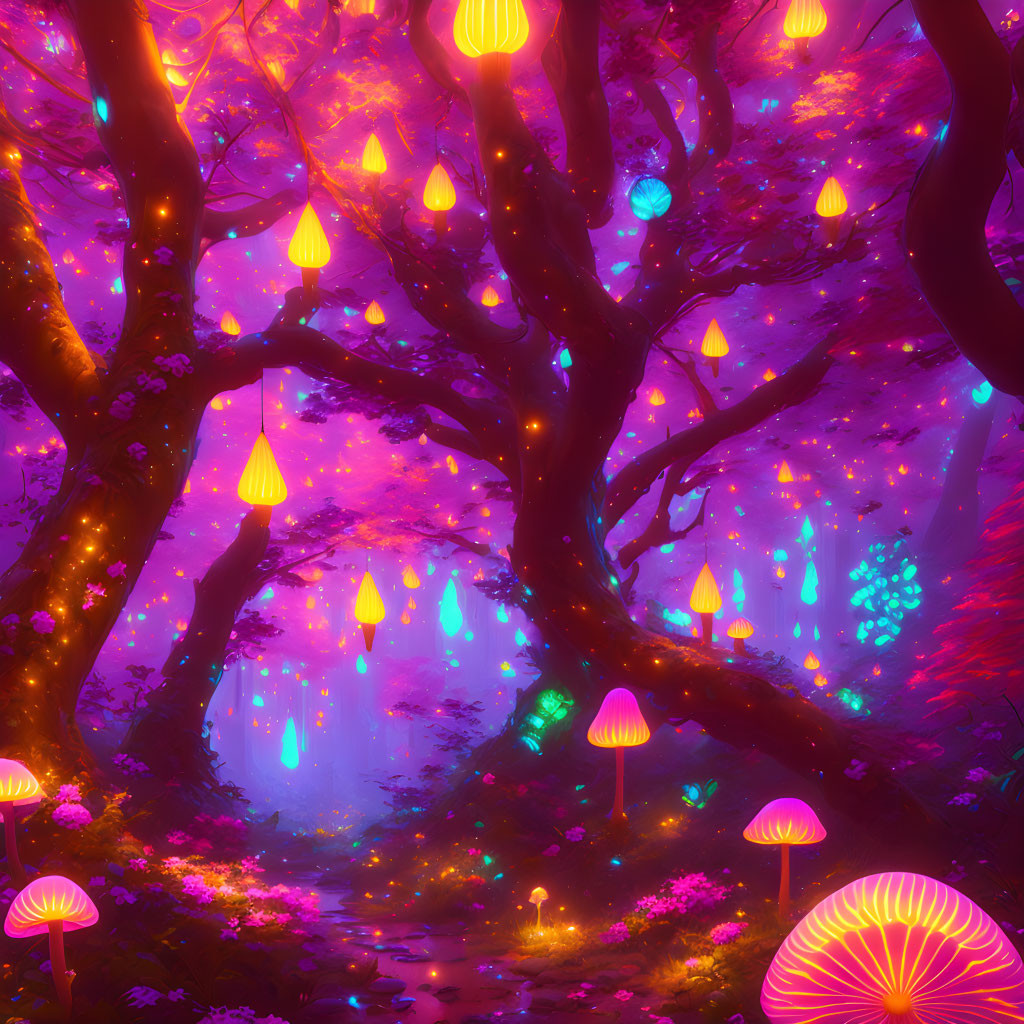 Fantasy forest with glowing mushrooms and luminous plants