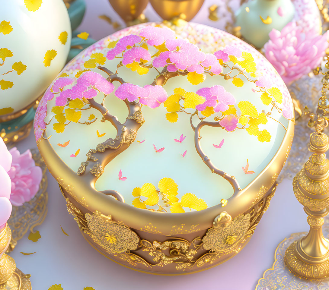 Golden box with cherry blossom designs in luxurious setting