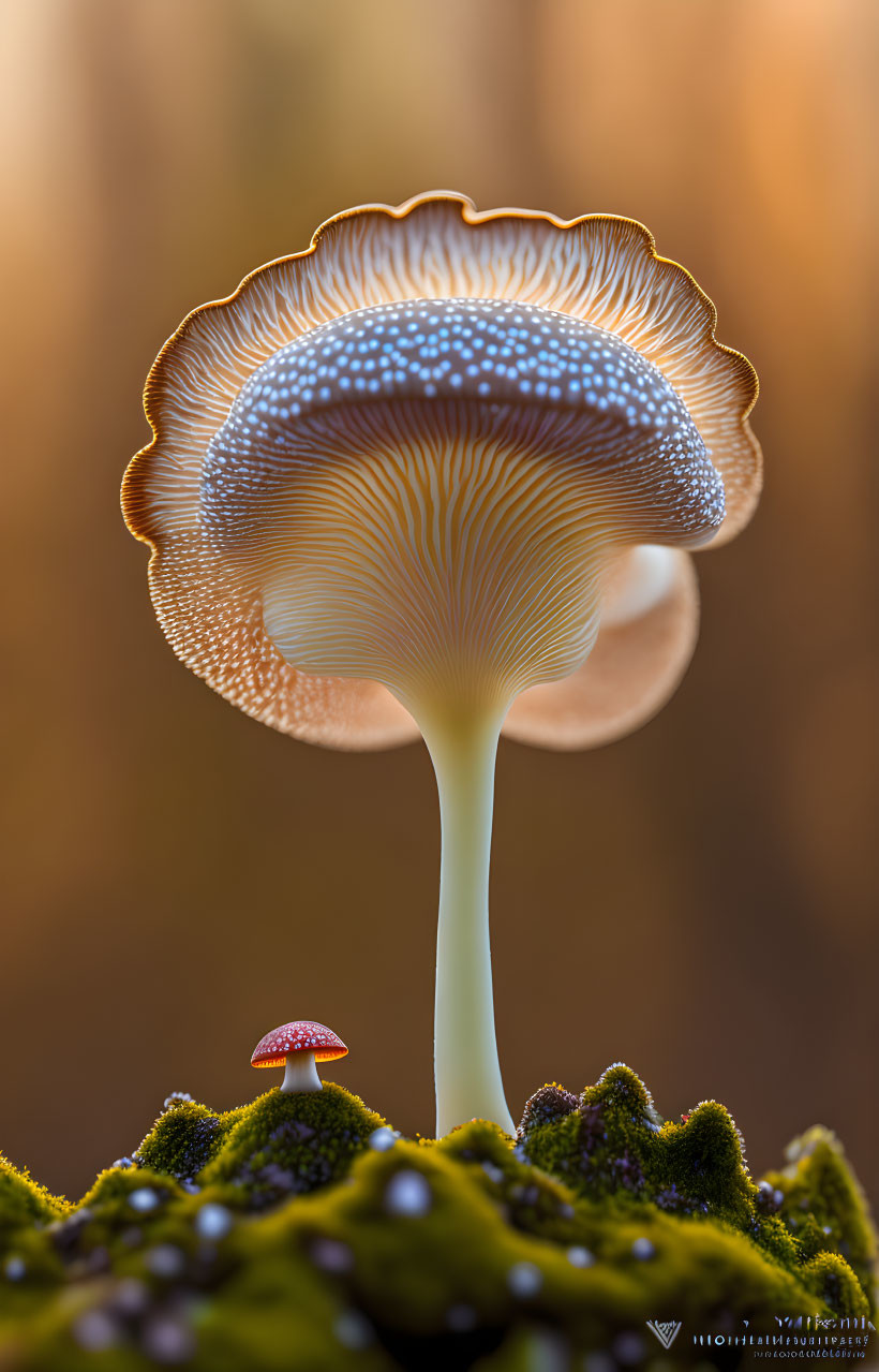 Translucent mushroom with intricate gill patterns on mossy surface