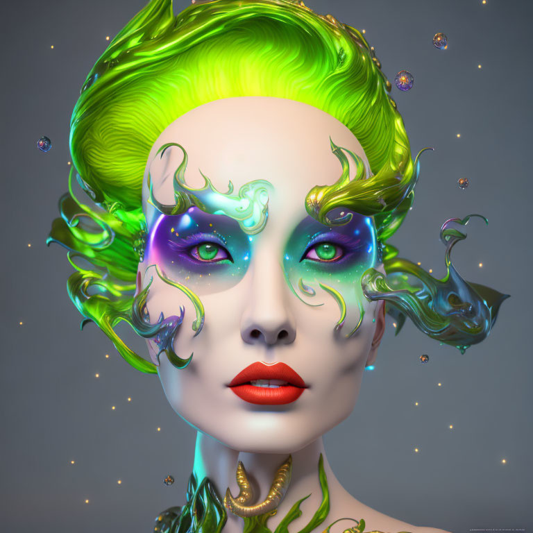 Vibrant green hair and iridescent makeup on woman's face artwork