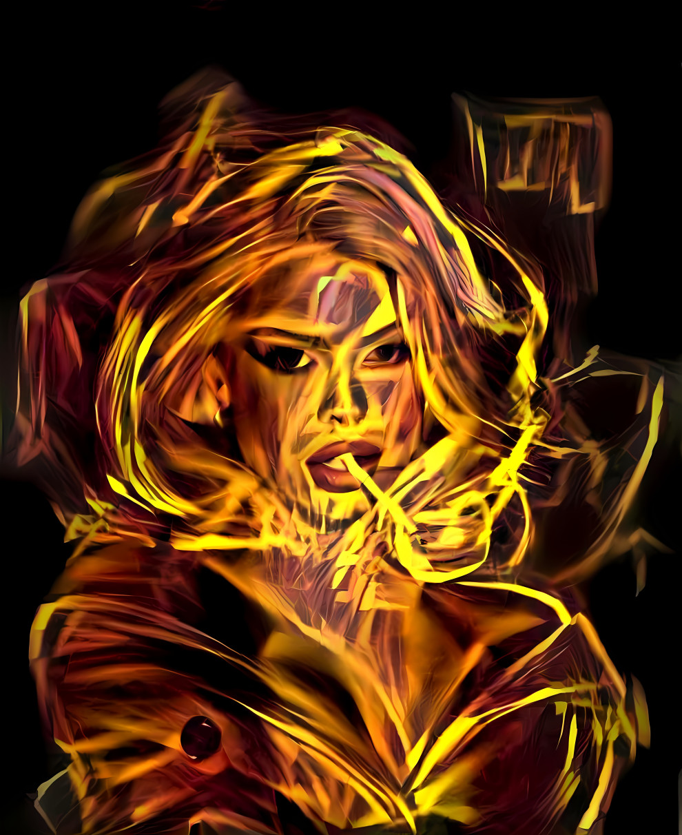 blonde model has a smoke,  gold on black streaks