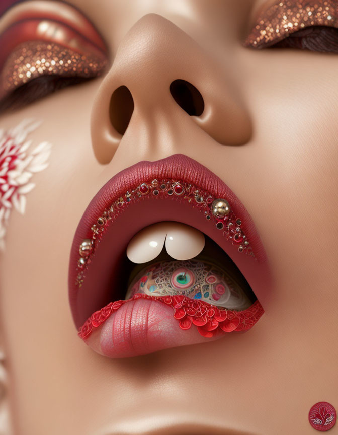 Detailed surreal mouth with intricate patterns and peacock feather design.