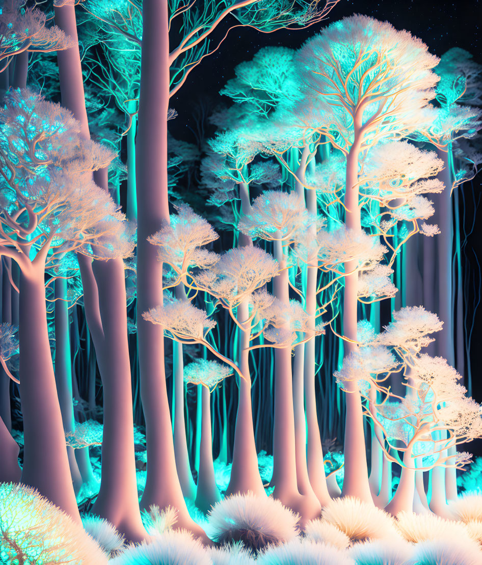 Vibrant Aqua-Tinted Forest with Neon Pink and Blue Hues