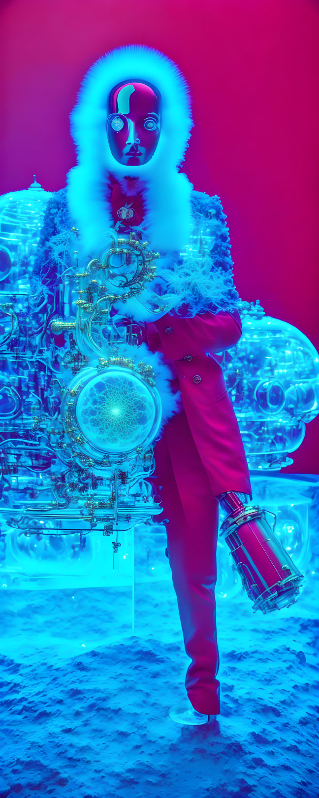 Futuristic figure in red coat with lantern against mechanical backdrop