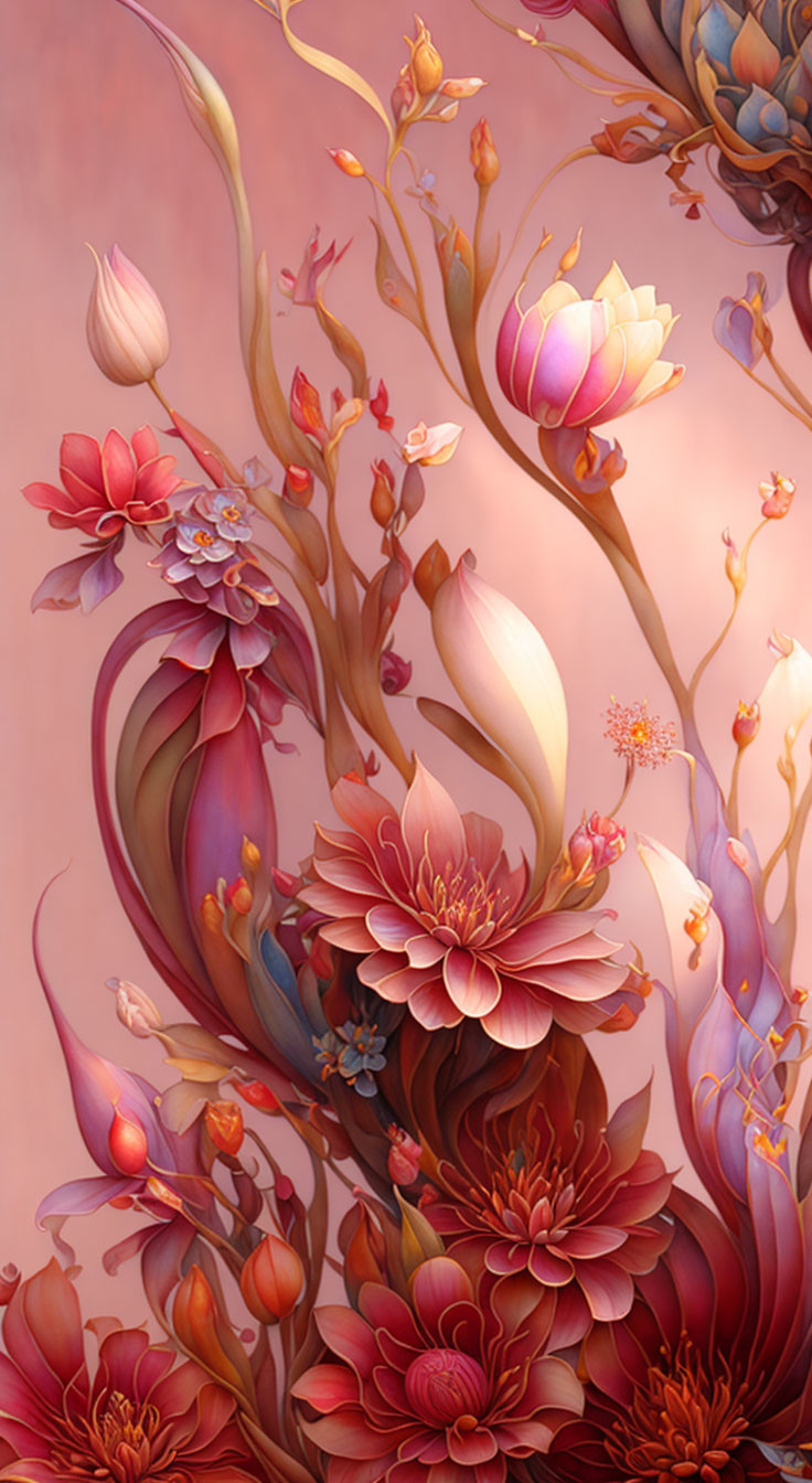Vibrant surreal floral illustration with pink and red flowers on warm background