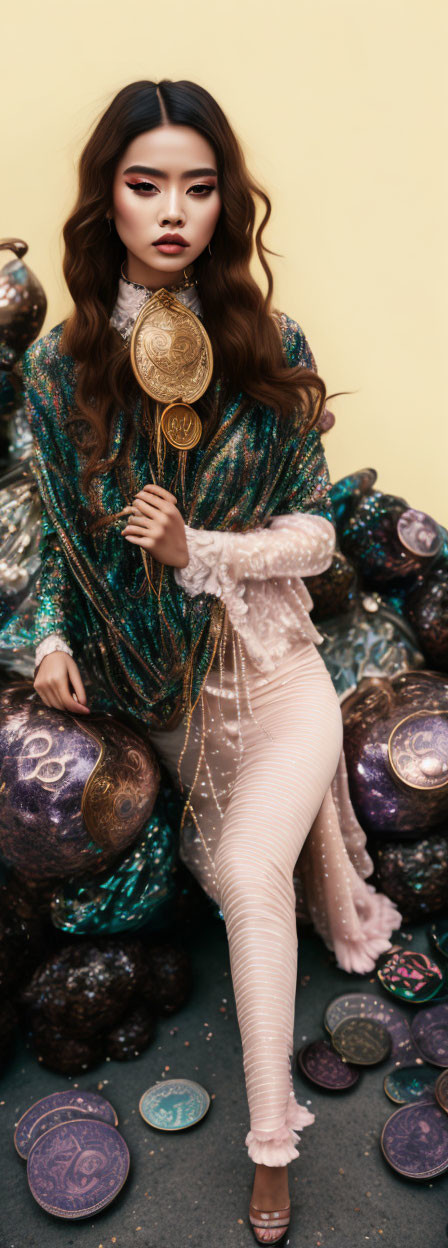 Shimmering Green Jacket Woman Poses with Chocolate Coins