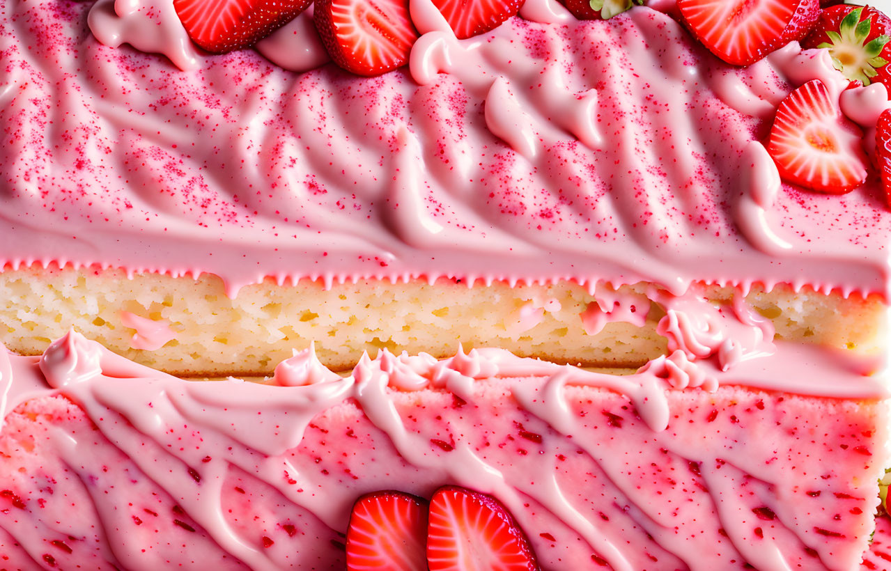 Strawberry Cake with Pink Icing and Fresh Slices - Fluffy Sponge Cross-Section