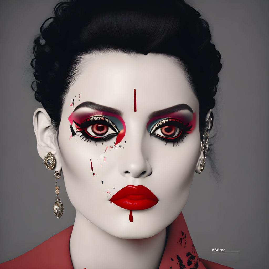 Detailed portrait of a woman with dramatic red makeup and jewel earrings