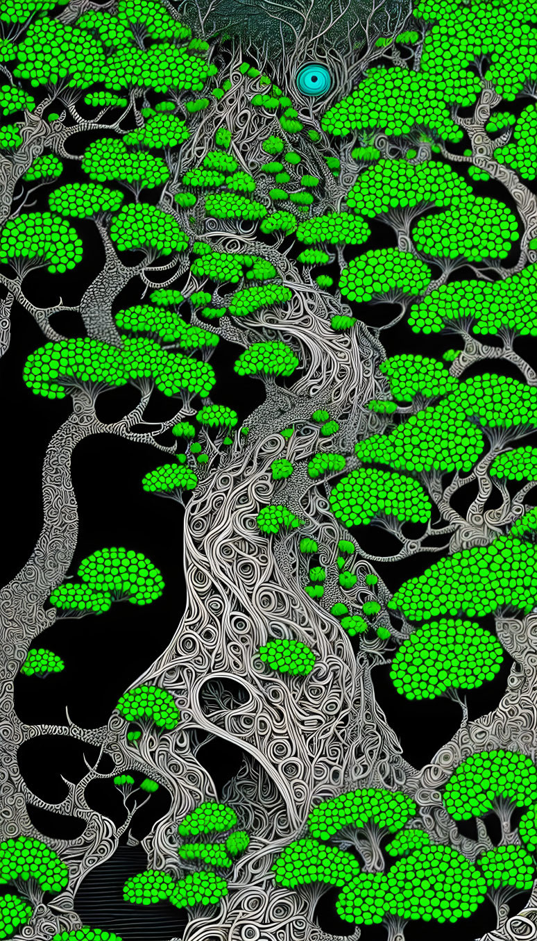 Monochrome illustration of twisted tree with green foliage and eye in branch