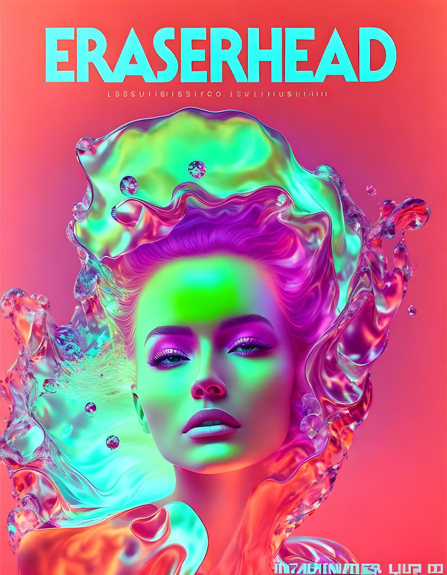 Colorful digital artwork: Woman's face with neon makeup amid liquid splashes on red-pink backdrop