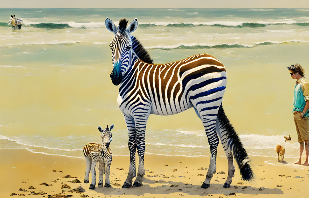 Surreal image of zebra-barcode blend with figures on beach