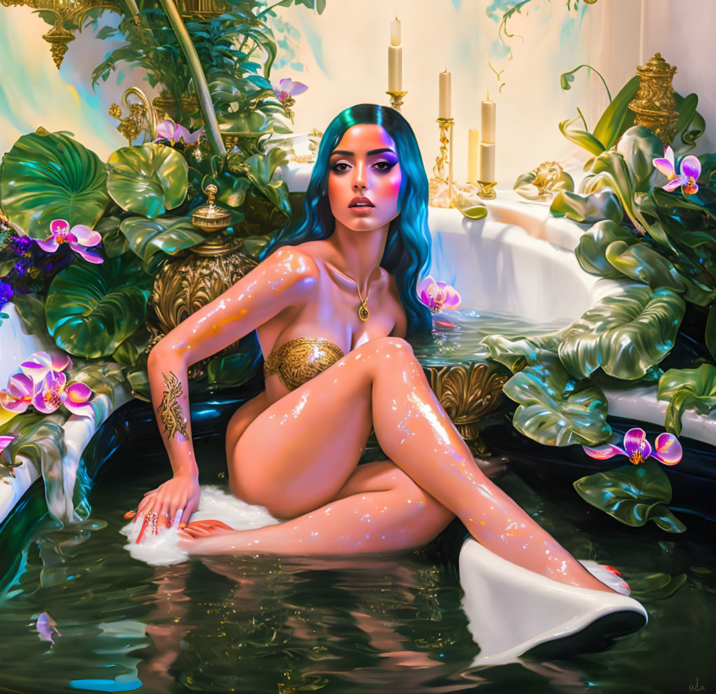 Illustration of woman with blue hair in luxurious bath with tropical plants and candles