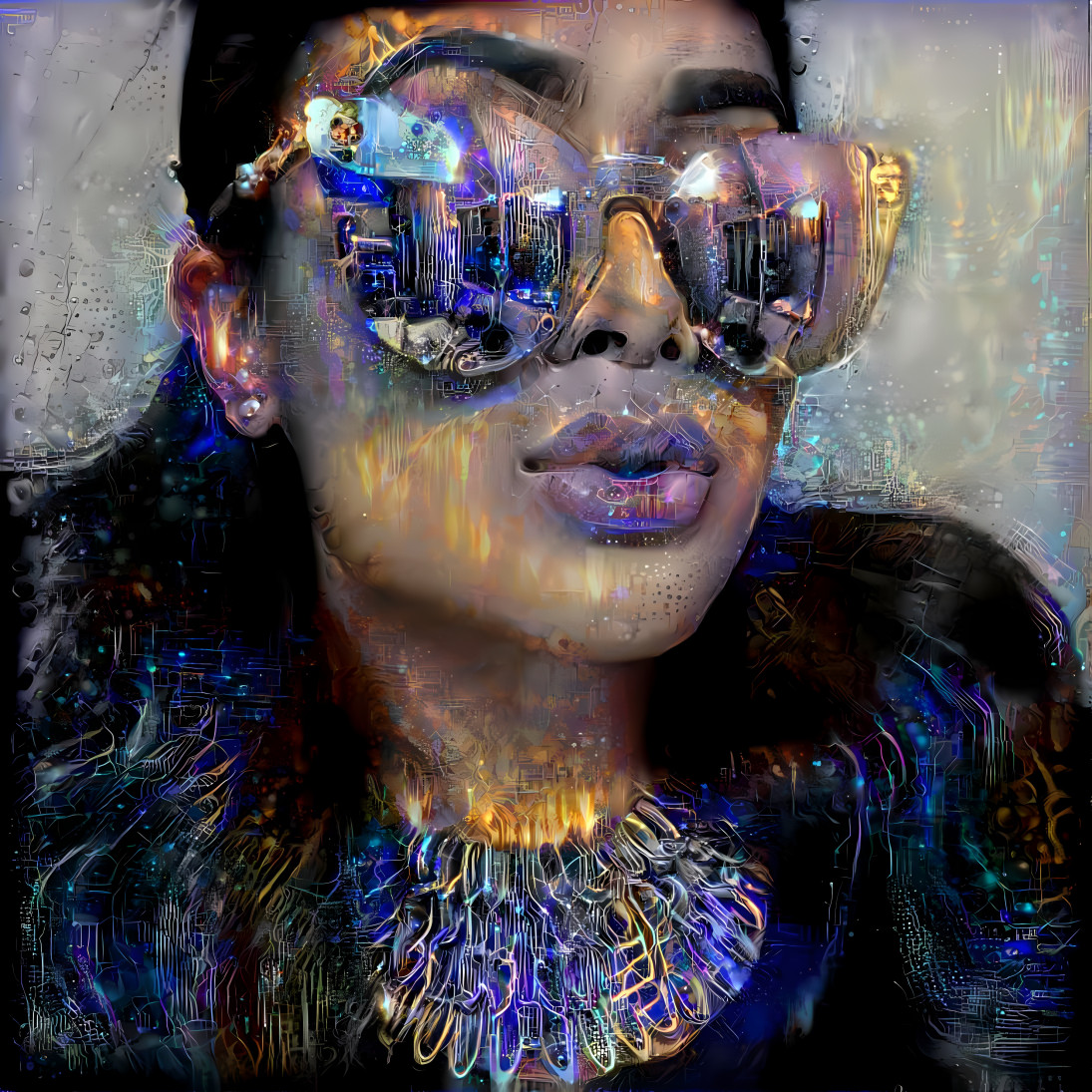 model in sunglasses, iridescent cyber texture