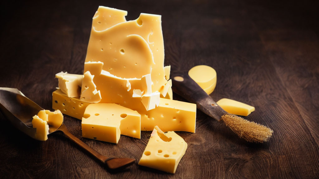 Assorted Swiss Cheese with Holes on Dark Wood Background