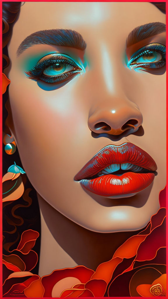 Detailed artistic rendering of woman's face with vivid blue eyes and red lips against red flowers