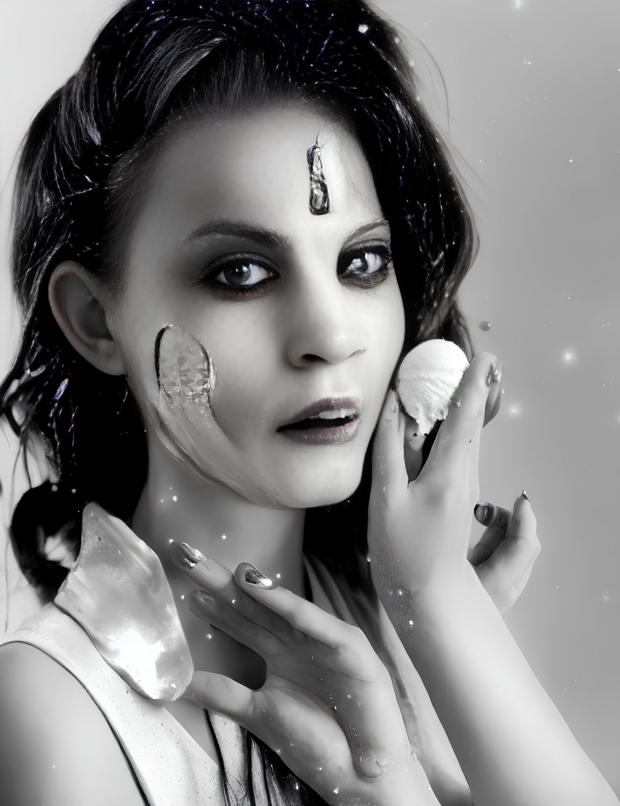 Monochromatic portrait of woman with dramatic makeup holding seashell