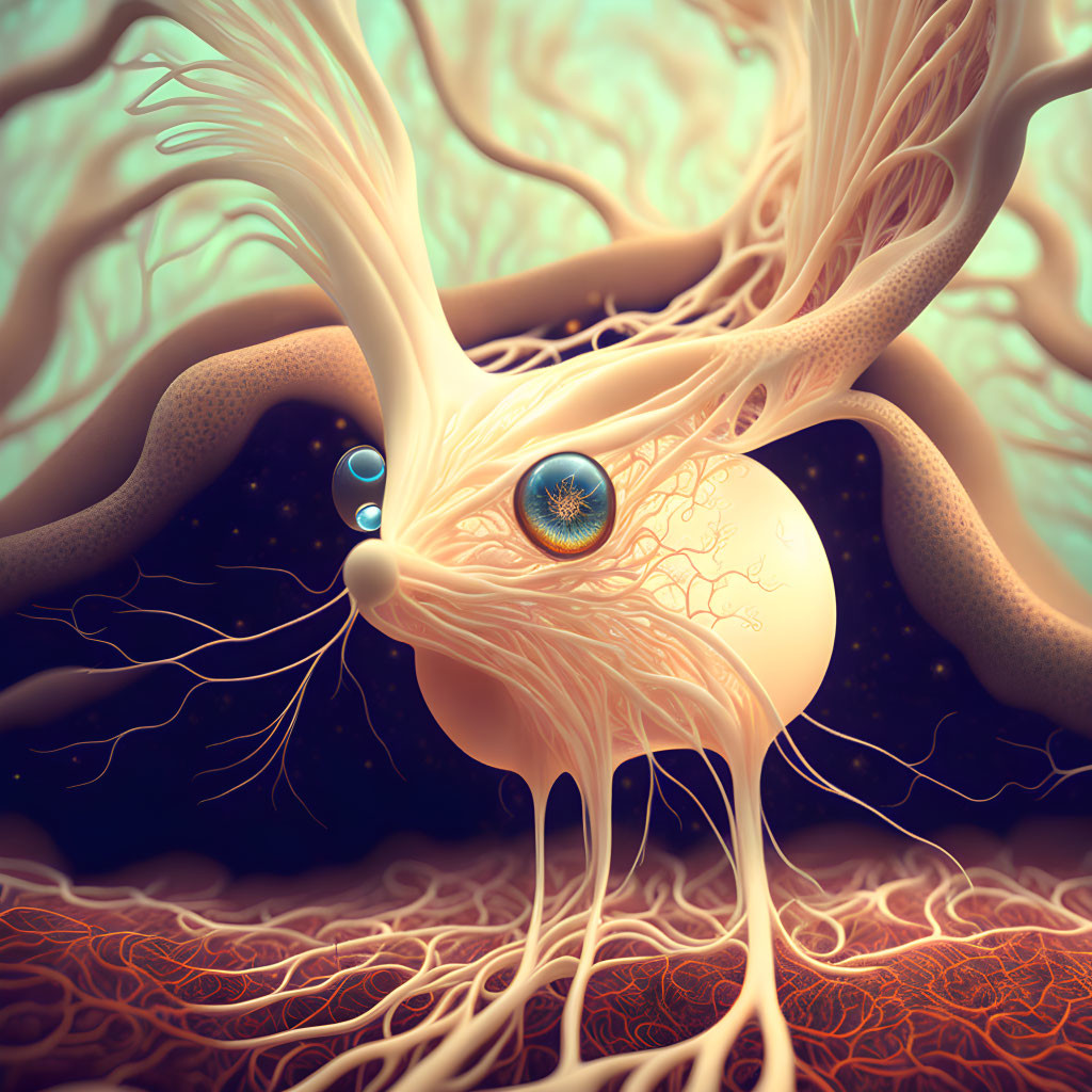 Detailed surreal eye illustration with branching veins and nerve-like structures on cosmic backdrop in warm tones.