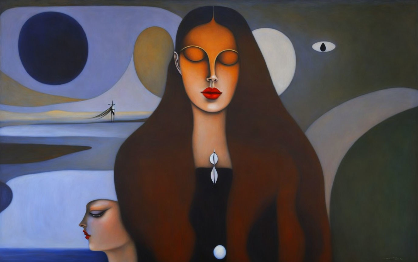 Surreal painting featuring elongated women, red lips, moon, eye motifs, and abstract landscape