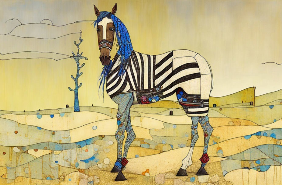 Stylized horse with zebra stripes in surreal desert scene